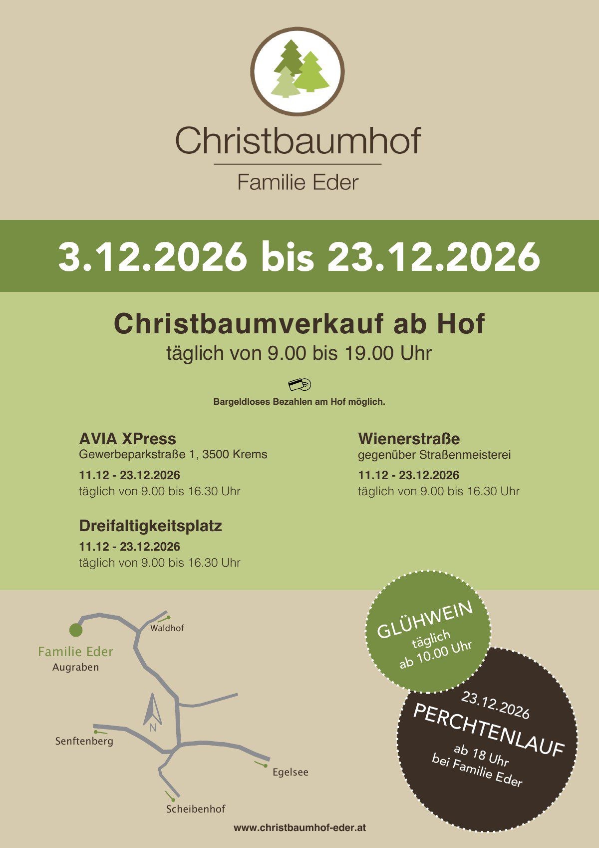 Flyer Christbaumverkauf 2026 mit allen Verkaufsplätzen und Öffnungszeiten